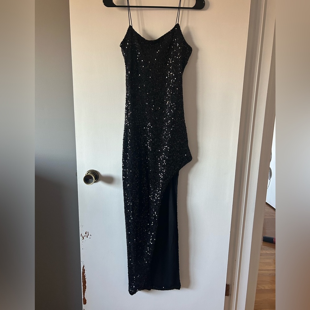 long black split down the leg sparkly dress